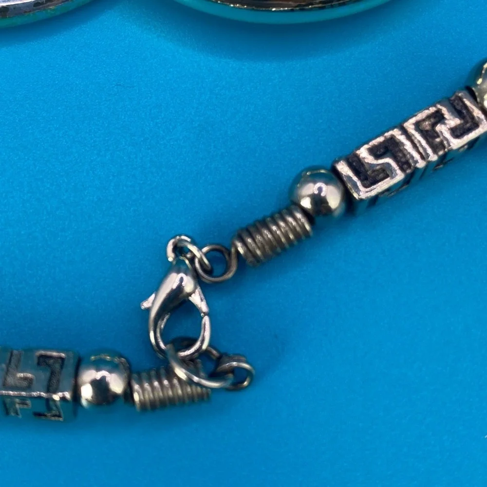 Silver Tone Greek Key Meander Bead Necklace & Large‎ Hoop Earring Set Pre-Owned